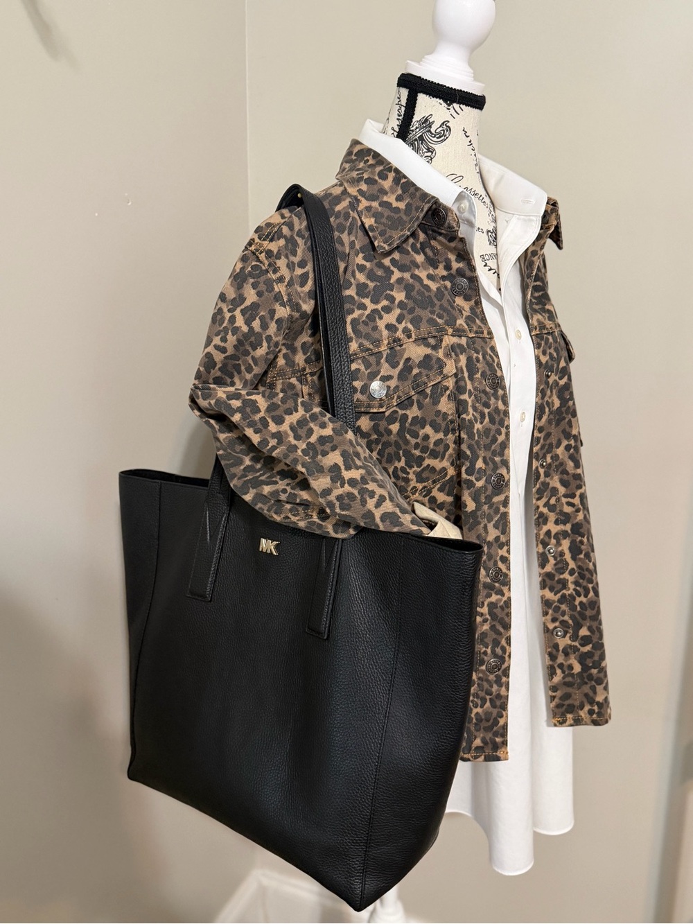 Michael Kors Junie Large Black Pebbled Leather Tote with Gold MK Accent